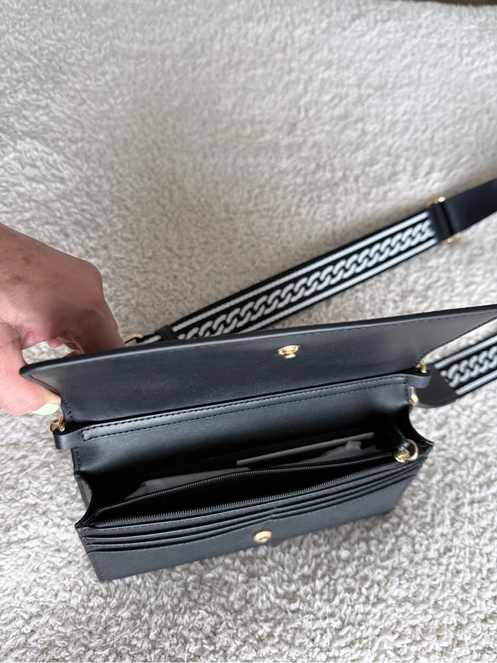 Michael Kors Black Crossbody with Woven Black-and-White Strap